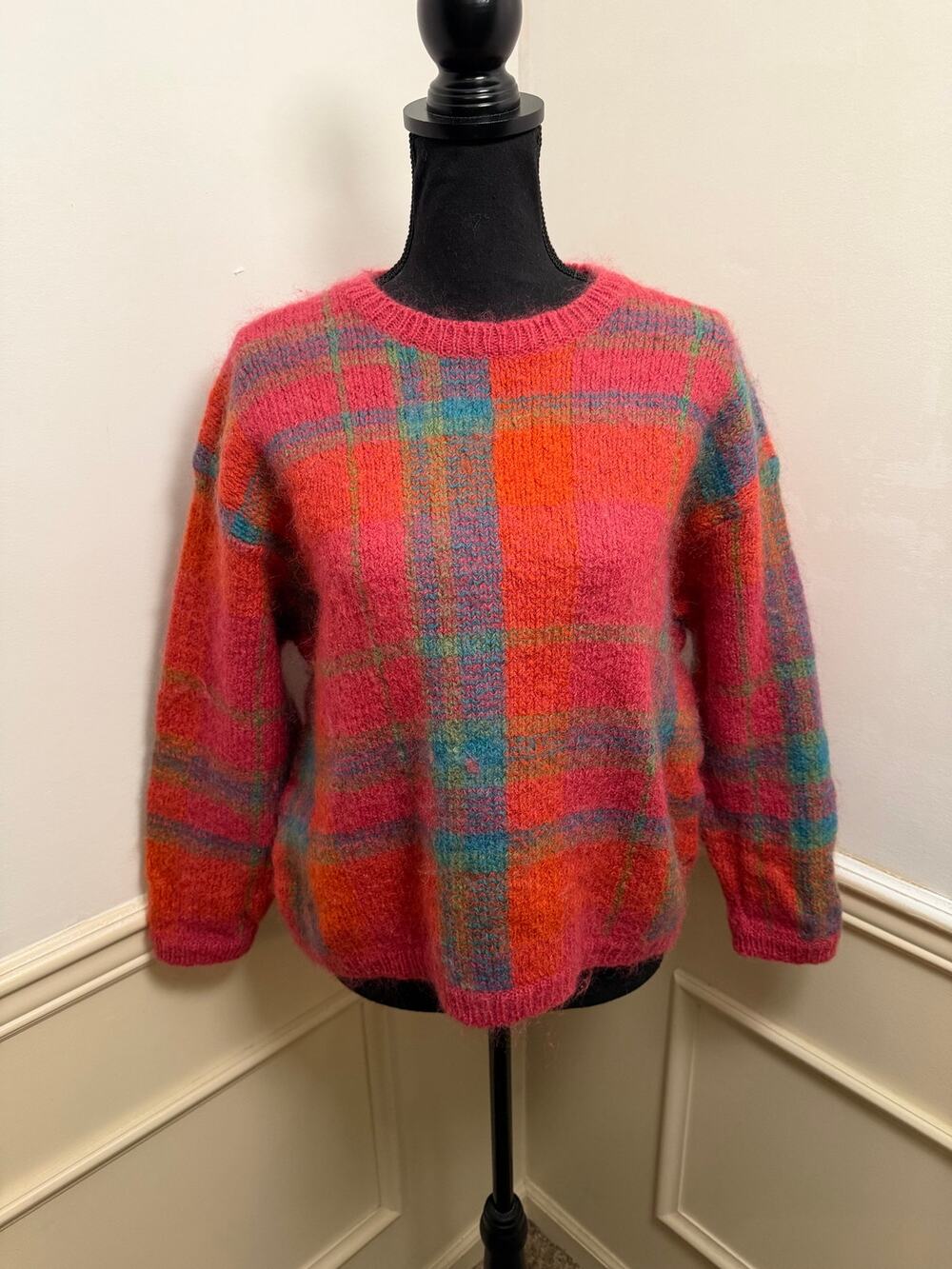 Vintage Gallagher Rainbow Plaid Knitted Mohair Wool Blend Pullover Sweater Bold